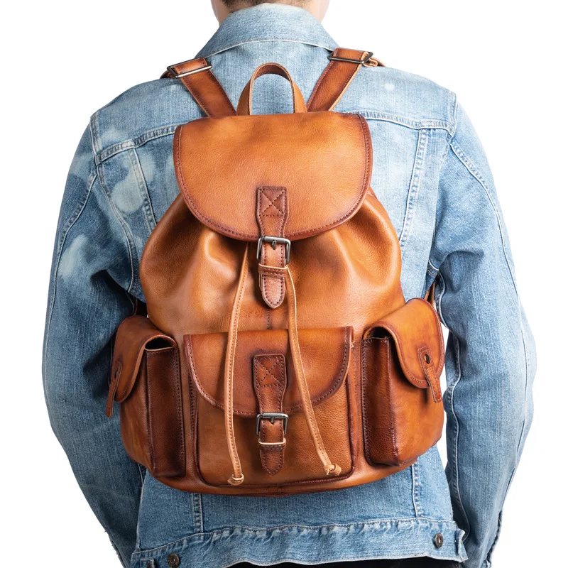 Natural Leather Men Backpack Handmade Genuine Leather Laptop Backpack Vintage Travel Bags Large Capacity Boys Shoolbags 6