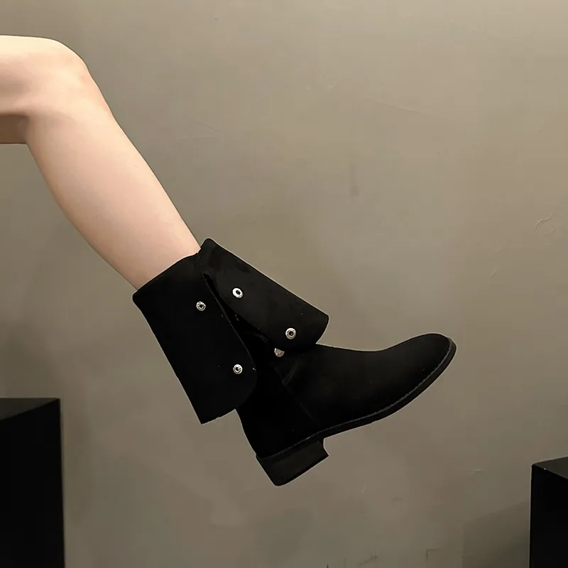 Aphixta Suede Upper Button Dec Women Ankle Boots Knee Boots Women Black Shoes Fashion Round Toe Modern Ankle Boots for Women