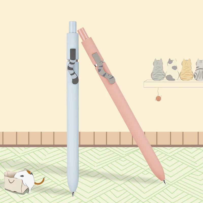 Cute Cat Gel Pen Morandi Color 0.5mm Balck Ink Quick-Dry Push Button Pens for Office School Students Exam Writing Stationery