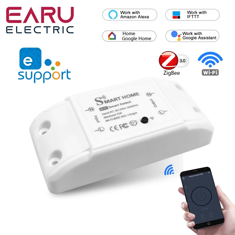 Earu 10A ZigBee WiFi eWelink Wireless Remote Switch LED Light Timer Controller Module Compatible with Alexa Google Home