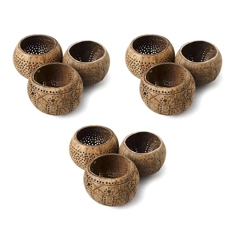 

Coconut Shell Wood Candle Holders (Set Of 9) With Coconut Scented Tealight Candles - Boho Decor, Votive Candles Holders