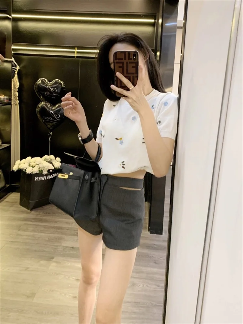 

2024 Spring Summer Korean Internet Celebrity Knitted Casual Sweater Short Sleeved Women Loose Embroidery Pullover Top X883