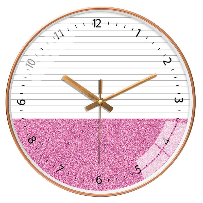Wood Grain Simple Black Punch-free Wall Clock Golden Mute Cartoon Glass Clock Color:128J;Sheet Size:14 inch (35cm)