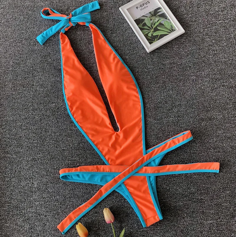 Women Sport Swimsuits Sexy One Piece Swimsuit Thong Monokini Swimwear Women Backless Cut Out Halter Bandage V Neck Plunging Bathing Suit