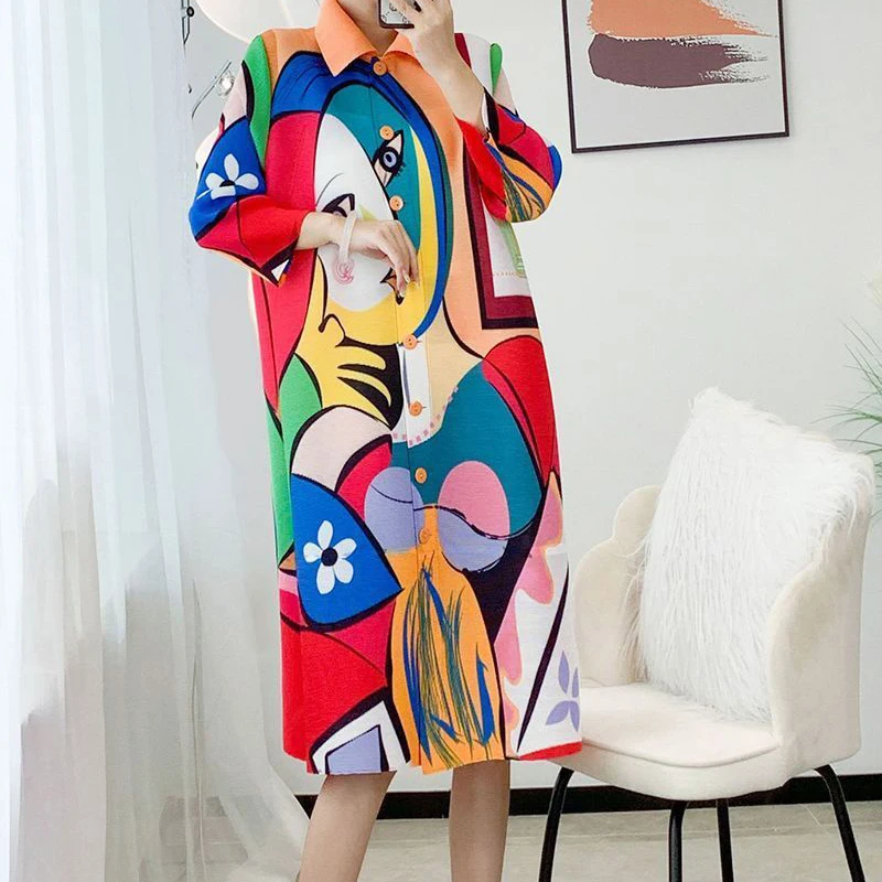 

Wrinkle 2024 Spring New Fashion Print Flip Collar Cardigan Dress Women's dress maxi dresses for women LOOSE