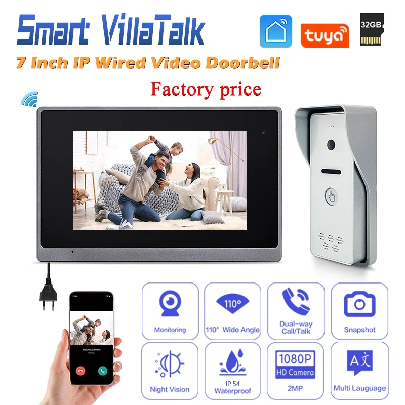 

Good Selling Open 2 door Smart life app IP 7 color capacitive full touch screen Tuya ring camera doorbell switch poe phone video