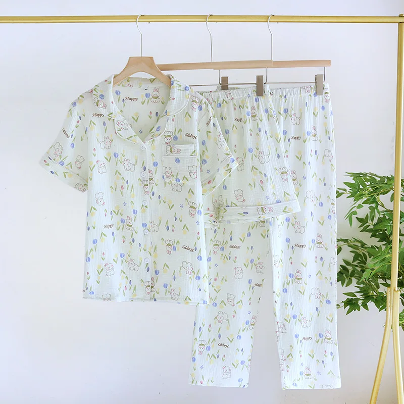 

Комплект пижамный женский из 3 предметов, хлопковая одежда для сна с принтом в Корейском стиле, с коротким рукавом, шорты и штаны, одежда для сна с мультяшным принтом