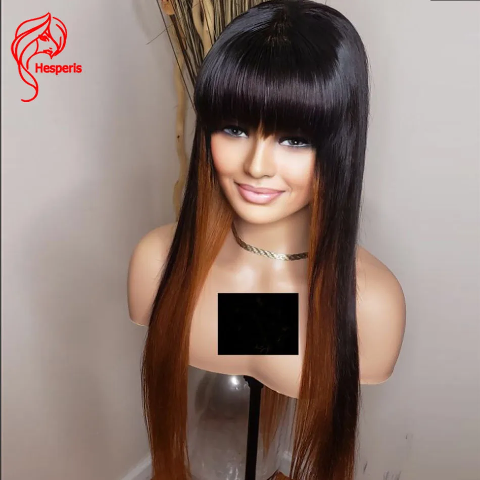 Hesperis Silk Straight Scalp Top Full Machine Made Wigs Remy Brazilian Hair Red Highlight Human Hair Wig With Bangs Blonde