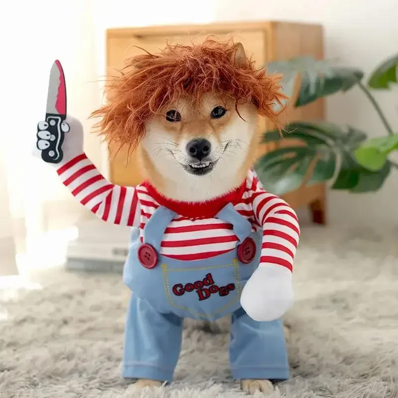 Dog Costume Set Funny Dog Horror Movie Clothes Sweatshirt Set Cosplay Chucky Pet Party Costume Comical Outfits Halloween Dress Jumpsuit