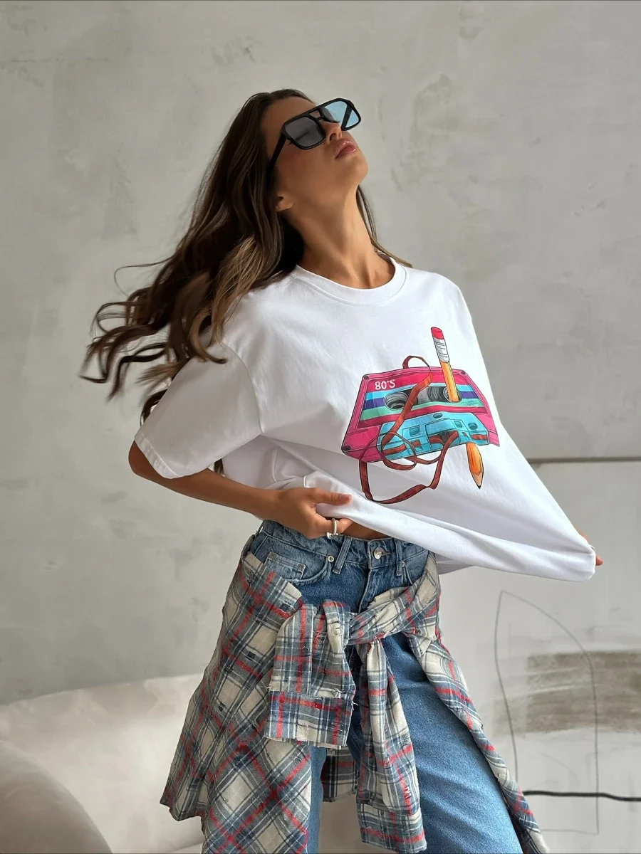 Bornladies Cotton Women's Fashionable Printed T-shirt Casual Vintage Short-sleeve Printing Fashion Hip Hop Loose Top 230g/m³