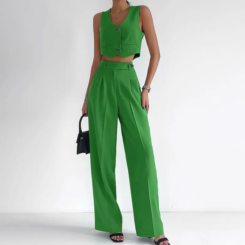 Summer Cotton and Linen Trousers Set Women's Fashion Green Crop Sleeveless Vest & Pants Sets Temperament Commuting Woman Outfits ripped jeans women streetwear 2023 new blue color high waist temperament commute leisure ripped raw hem jeans pencil trousers