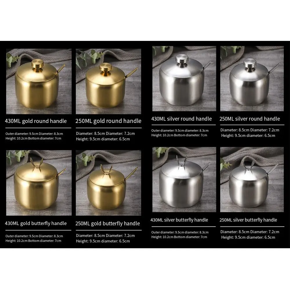 Stainless Steel Sugar Bowl with Spoon Lid Seasoning Jar