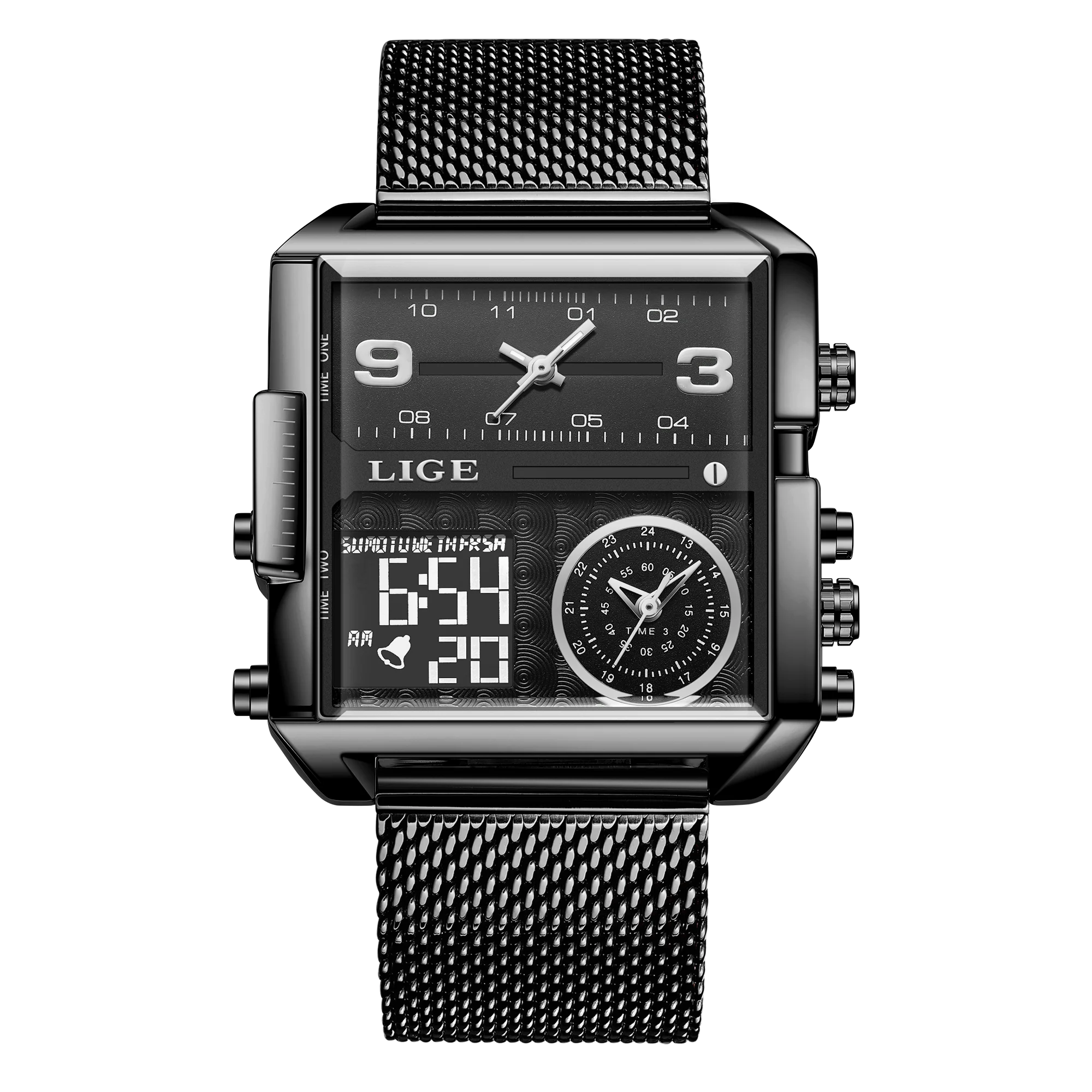 Luxury Gold Steel Sports Square Digital Analog Men's Quartz Watch