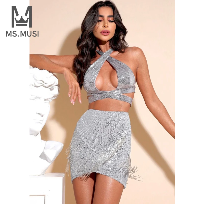MSMUSI 2023 New Fashion Women Sexy Sequins Tassels Two Piece Set
