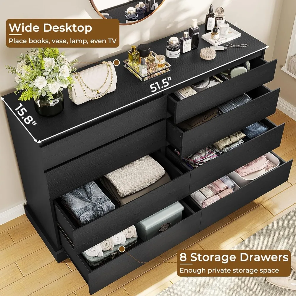 Black Dresser for Bedroom, Long Dresser with 8 Drawers, 51.5''W Wooden Dresser Chest of 8 Drawers, Clothing Storage Cabinet