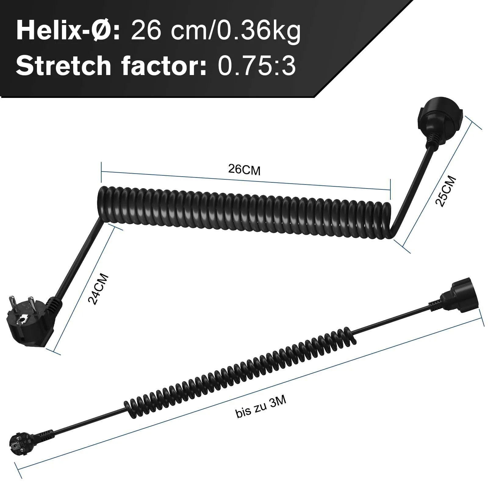 Telescopic PVC Spring Extension Cable, EU 2-Pin Plug to Socket, Black 13A 220V-250V