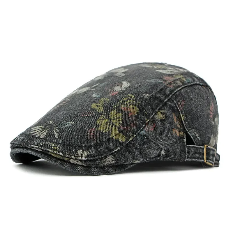 Newsboy Cap Four Seasons Cotton Flower Print Newsboy Caps Flat Peaked Cap Men and Women Painter Beret Hats 163