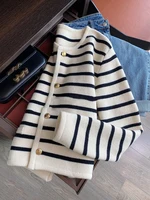 Women Spring Autumn Sweaters O-neck Stripe Knitted Cardigan Fashion Long Sleeve Casual Short Tops Korean Style New 2025