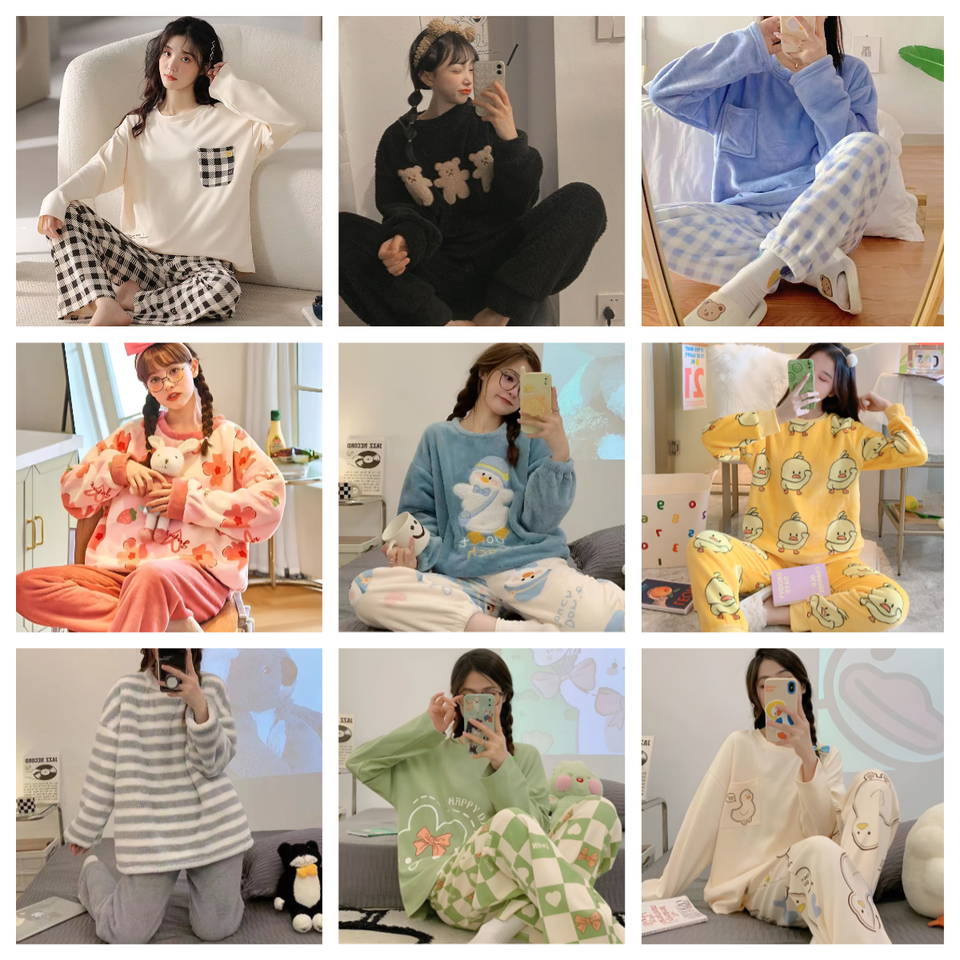 Fleece Winter Pajamas Set  Sleepwear Trouser Sets Woman 2 Piece Set Outfit Casual Top Thick Warm Pijamas Set for Women Home Suit