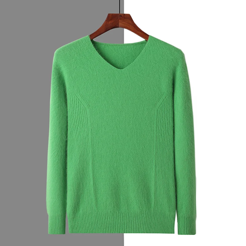 Men's autumn and winter new pullover 100% pure mink velvet knit V-neck fashion Korean version of solid color bottoming sweater.