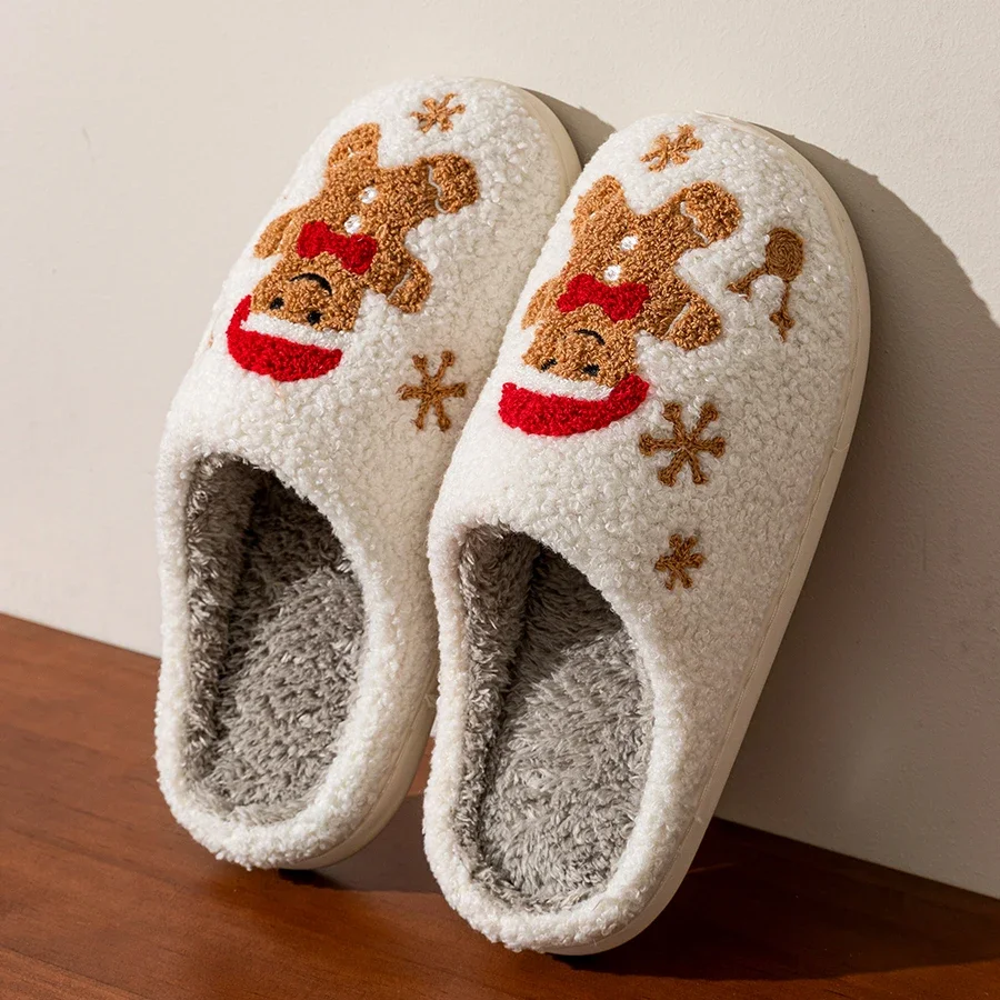 Women Slippers Christmas Cartoon Gingerbread Man Winter Indoor Warm Comfort Bedroom Soft Sole Lightweight Cotton Home Shoes