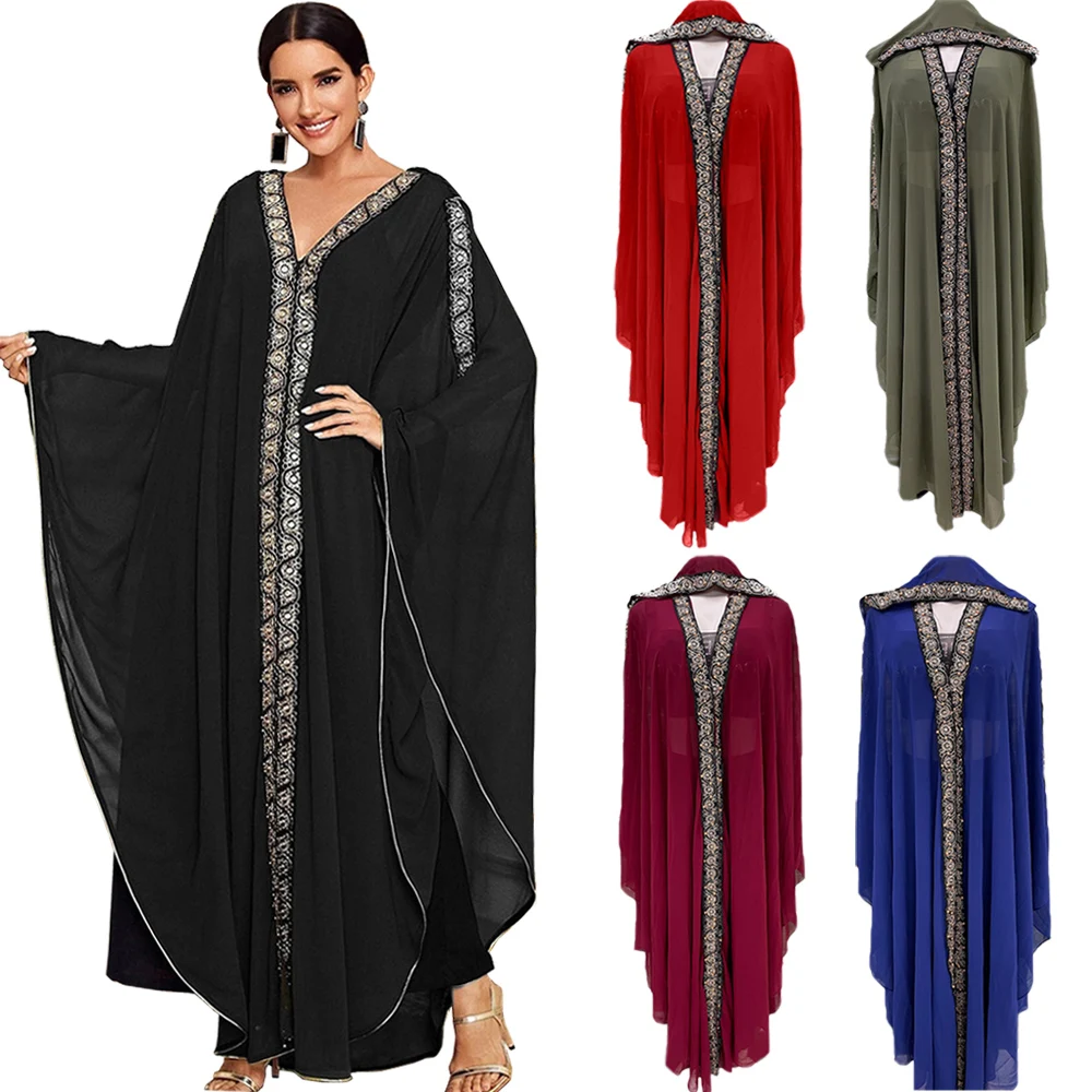 

Африканская абайя, марокканский кафтан, Дубай, Длинное Макси-платье с капюшоном, платье с рукавом летучая мышь, мусульманское женское открытое кимоно, вечерние платья-бубоу, платья