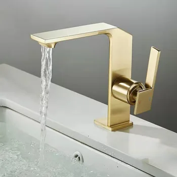 ก๊อกน้ำทองเหลืองสำหรับห้องน้ำ รูปทรงเรขาคณิต ตัวก๊อกเรียวบาง ผลิตจากทองเหลืองแท้ ใช้กับอ่างล้างหน้า น้ำร้อนน้ำเย็น ดีไซน์หรูหรา ขนาด G3/8G1/2 1