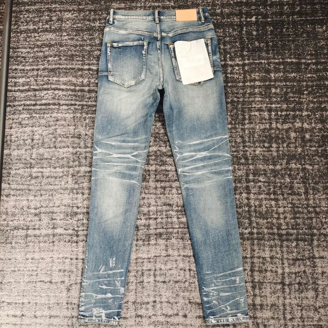 men streetwear white paints slim fit distressed jeans 2