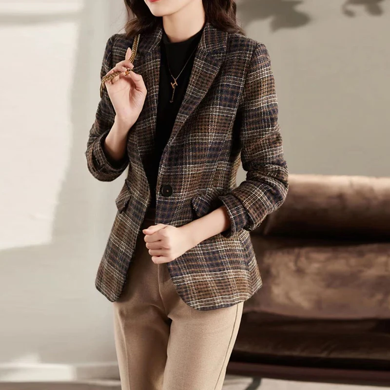 Autumn Winter Women's Vintage Plaid Printing Casual Fashion Blazers Female Slim All-match Woolen Jacket Ladies Elegant Coat Suit