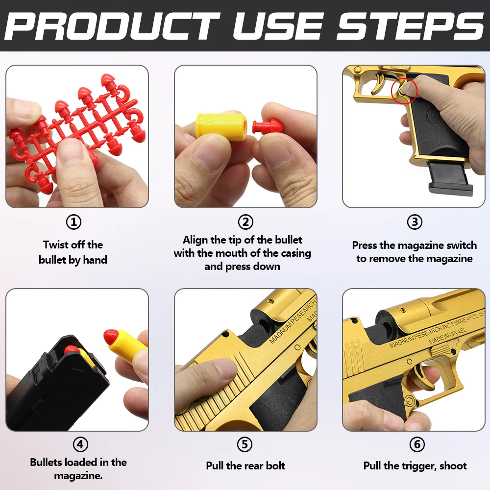 Continuous Shot Mechanical Auto Desert Eagle Airsoft Toy Gun Ejecting Shells Soft Bullets Kids Outdoor Target Game