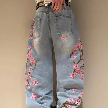 Harajuku Patchwork Cherry Blossom Embroidery Denim Pants Y2K Vintage Women Baggy Straight Wide Leg Jeans Street Men Clothes 1