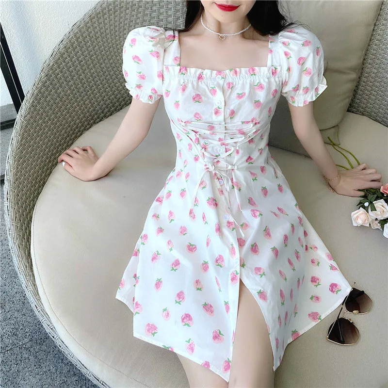 

Elegant Mini Strawberry Dress 2023 Summer Women Fairy Chiffon Dresses Casual Korean Style Sweet Kawaii Bandage Party Dress Women