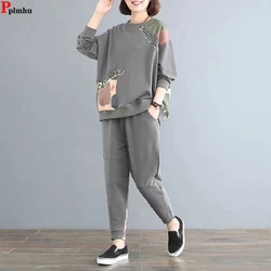 Spring Fall 2 Pieces Sets Casual Printing Sweayshirt Tracksuit Harem High Waist Ankle Length Pants Suits New Oversize 5xl Outfit
