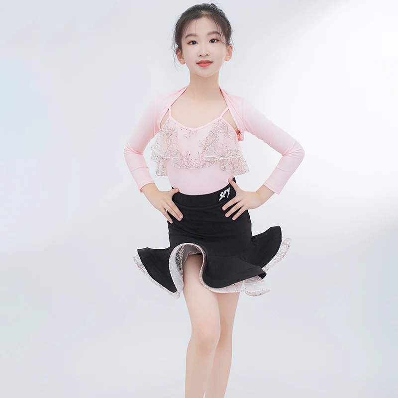 

Girls Latin Dancing Performance Costume Pink Coat Tops Black Skirt Rumba Samba Dancer Outfit ChaCha Competition Dresses VDB7820