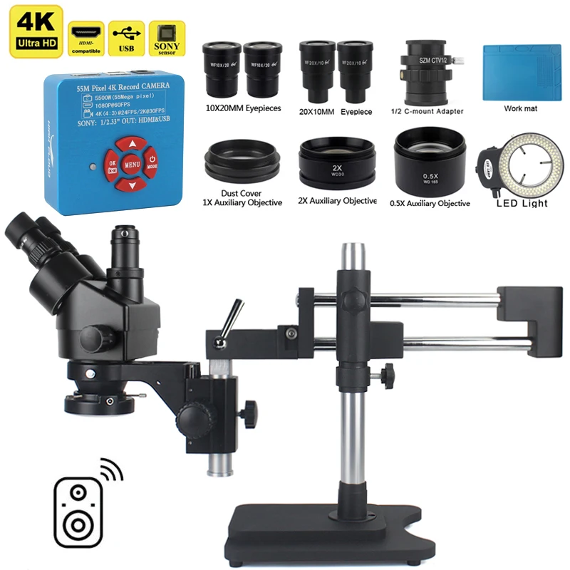 동시 초점 이중 붐 스탠드 삼안 스테레오 줌 현미경, PCB 전화 수리용, 3.5X 90X, 48MP, 2K, 4K, HDMI, VGA, USB 카메라