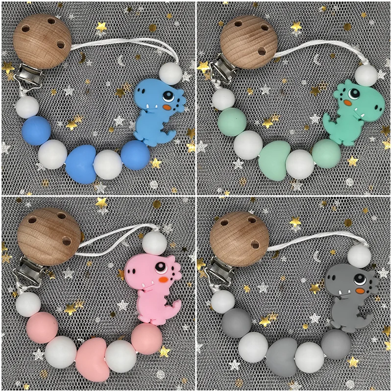 Baby Silicone Pacifier Clip Round Beech Dinosaur Beads Dummy Holder Clip for Teether Nursing Chew Toy Soothing Nipple Chain Gift