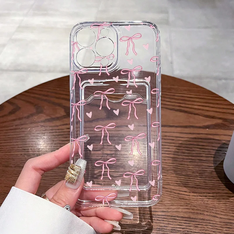 iPhone Case Transparent Card Slot Bag Holder Wallet With Bow Print Cover For iPhone 16 15 14 Pro Max 13 12 11 XS X XR 7 8 Plus SE