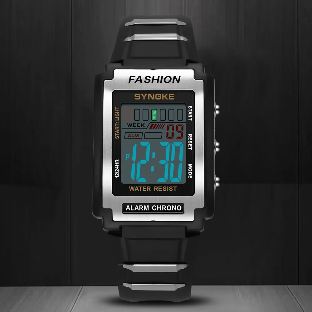 SYNOKE Men Rectangular Sports Electronic Watch Waterproof 50M Night Light Large Screen Alarm Clock Trend Retro Style 6