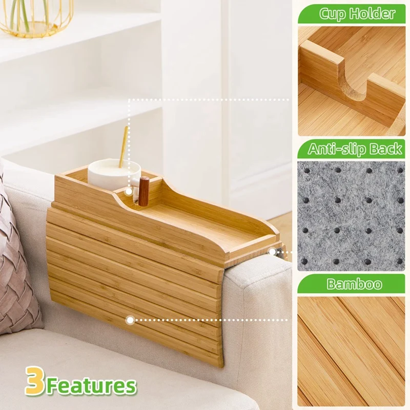 Couch Cup Holder, Couch Drink Holder, Natural Bamboo Sofa Cup Holder Armrest Tray, Portable Couch Arm Tray Table Durable 6