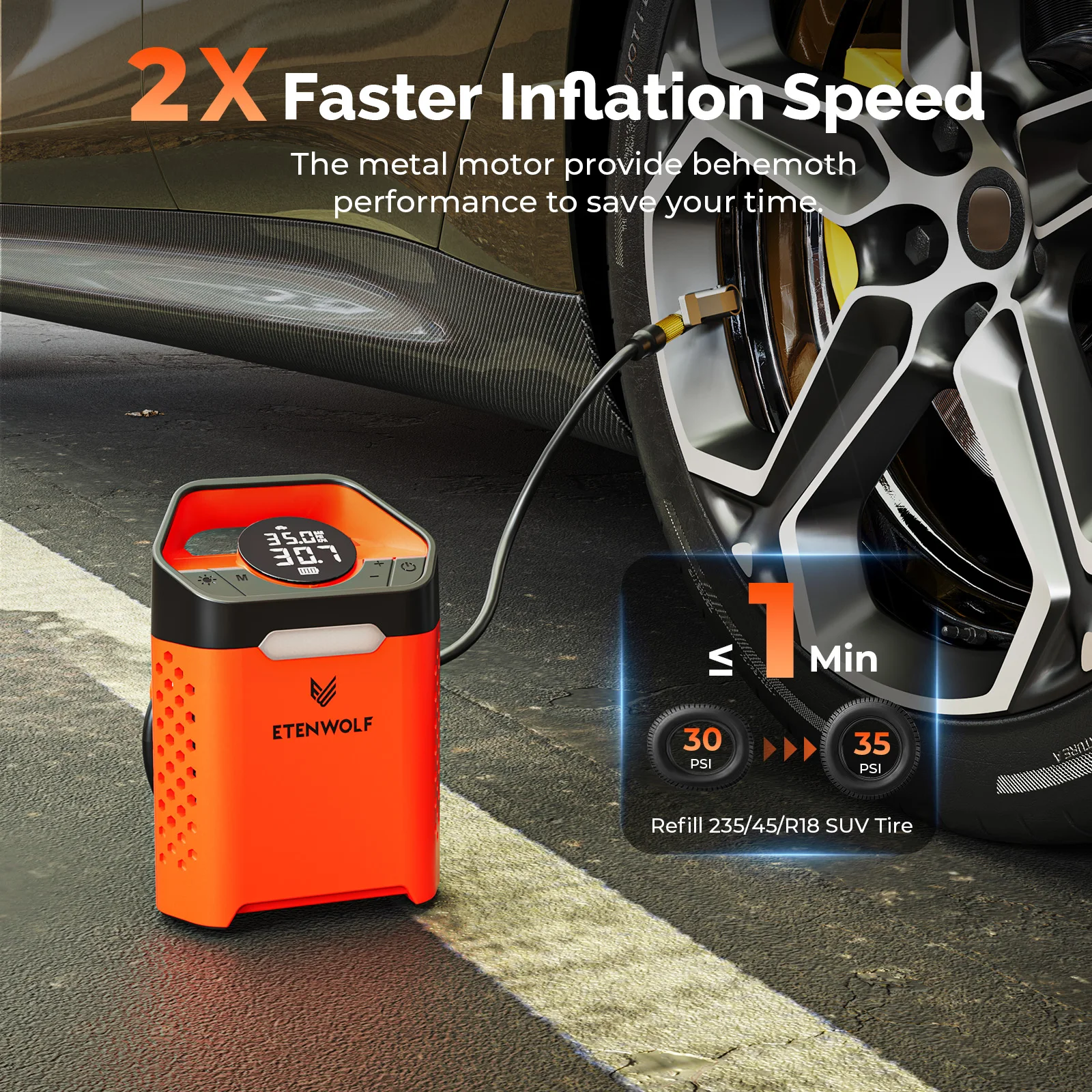 ETENWOLF ZEPHYR V3 Portable Car Compressor 160 PSI Duty Cycle Car Tire Inflator 7800mAh For Cars Motorcycles Bicycles Balls