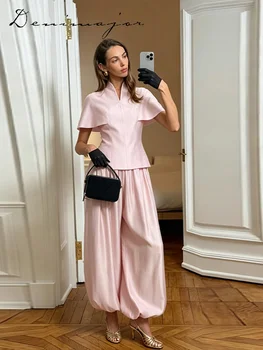 Fashion V-Neck Top Lantern Pants Set Women's Solid Short Sleeve Tops Loose Wide Leg Trousers 2026 Summer Lady Casual Outfit 1