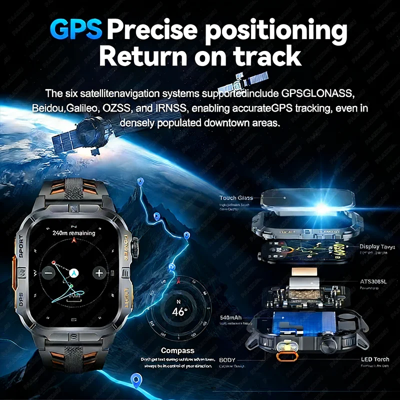 Neue professionelle GPS-Outdoor-Smartwatch für Herren mit Taschenlampe, Kompass, wasserdichtem Militär-Sport-Tracker und Bluetooth-Anruffunktion_voghion.com