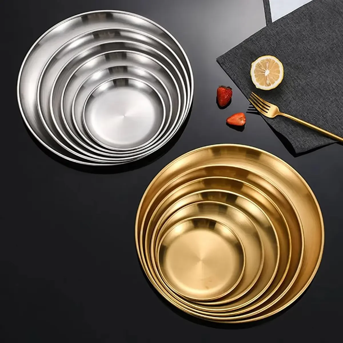 4Pcs Stainless Steel Bone Spitting Dish Gold Silver Shallow Tray Round Plate Metal Dining Disc Dessert Tableware