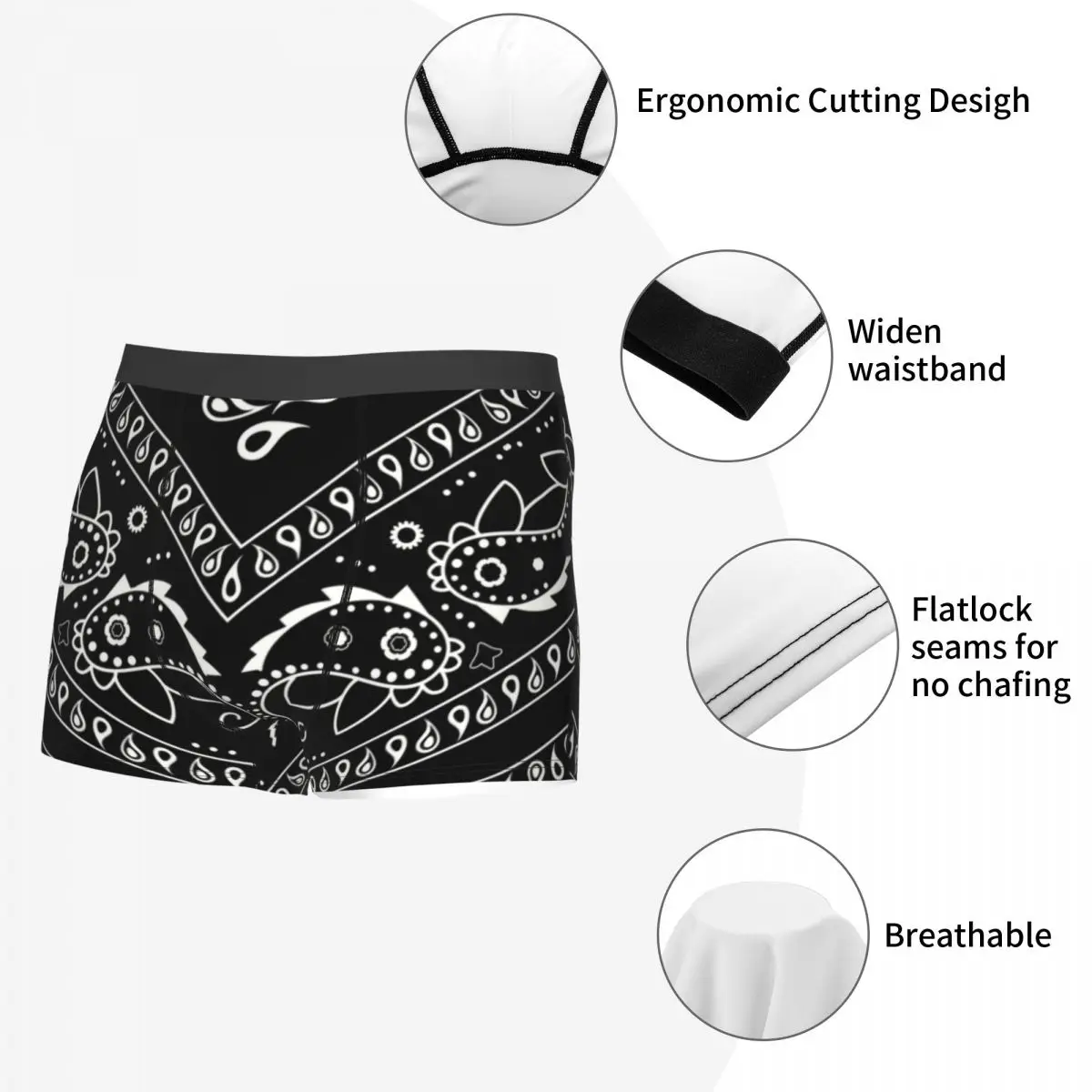 Black Bandana Pattern Underwear Men Sexy Printed Custom Paisley Style Boxer Shorts Panties