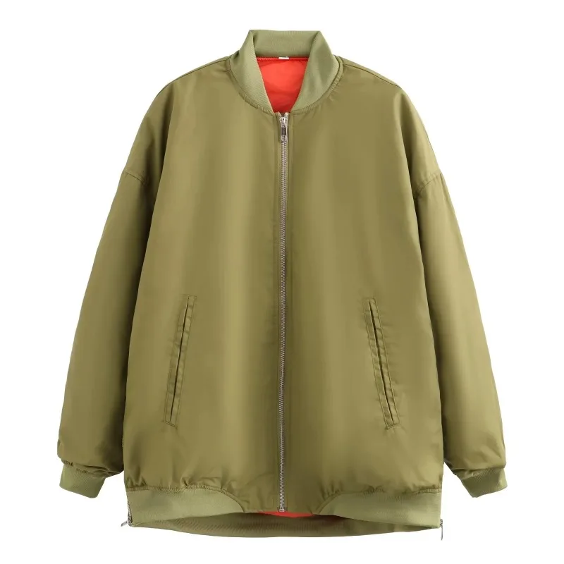 Autumn and Winter Women's Round Neck Patchwork Pockets Zipper Loose Cardigan Fashion Casual Elegant Commuter Long Sleeve Coat