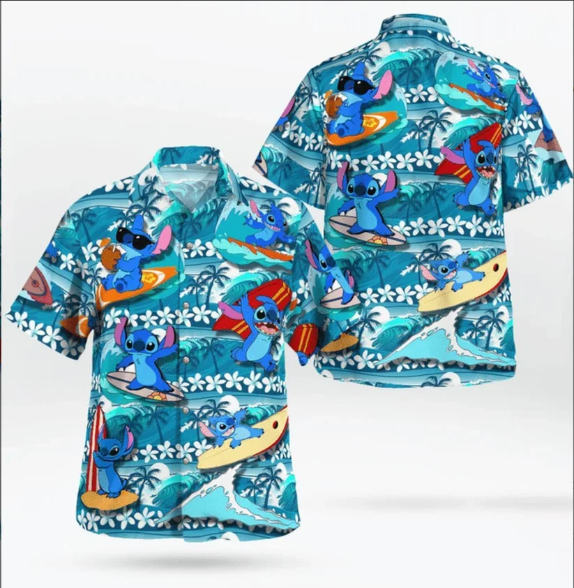 

Stitch Surf Hawaiian Shirt Vacation Shirts Men's Disney Hawaiian Shirts Casual Button Down Short Sleeve Shirt Vintage T-Shirt