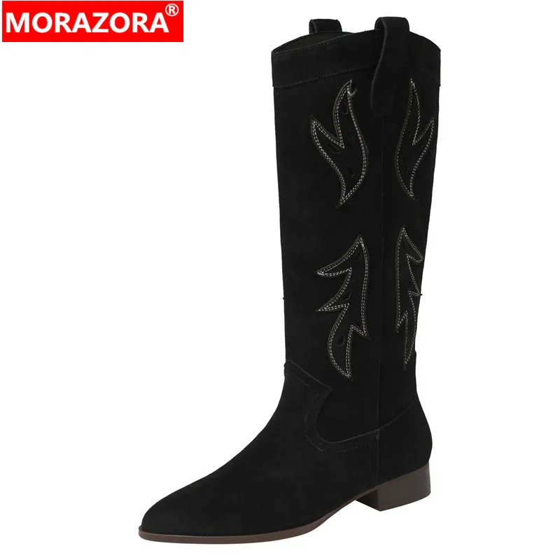 

Женские замшевые сапоги до колена MORAZORA, черные или коричневые ковбойские сапоги до колена с вышивкой, с острым носком, осень 2024