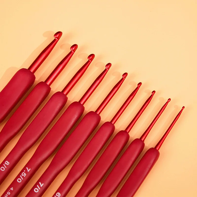 9PCS Oppo Packaging Knitting Tool Set 2.0mm-6.0mm Single Head TPR Red Handle Silicone Crochet