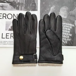 New men's deer skin arched driving gloves with warm and breathable wool knitted lining and coral velvet leather gloves