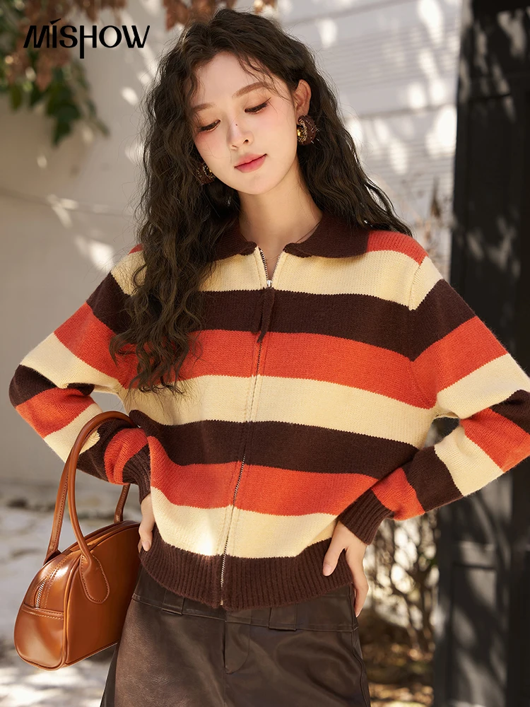 

MISHOW French Striped Sweater Jacket for Women Autumn Winter Zipper Knitted Cardigan Crop Vintage Lazy Style Jumpers MXC52Z0345